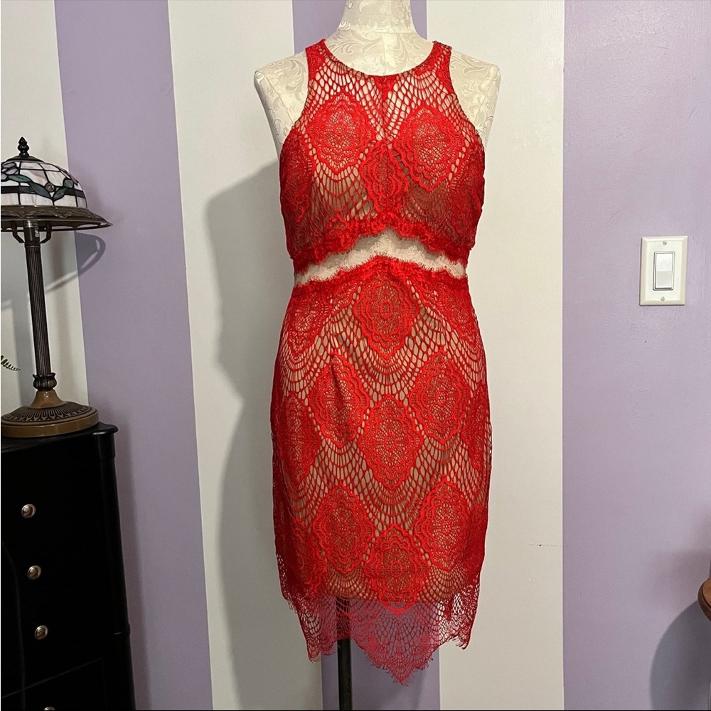 Akira Chicago Black Label Dress Sz Large Orange Red Coral Lace & Nude